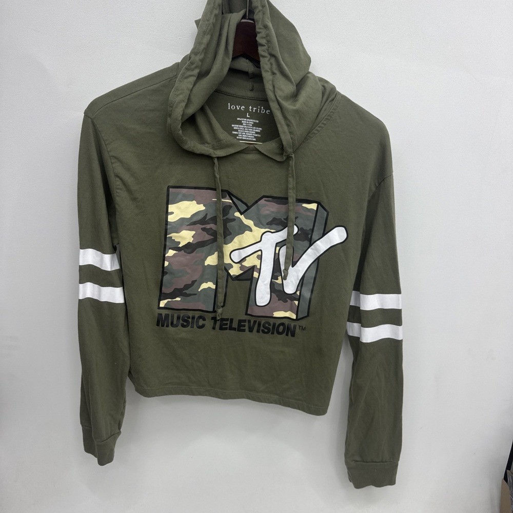 MTV Hoodie NWT Women's LOVE TRIBE Green Camo Camoflage Shirt Size L